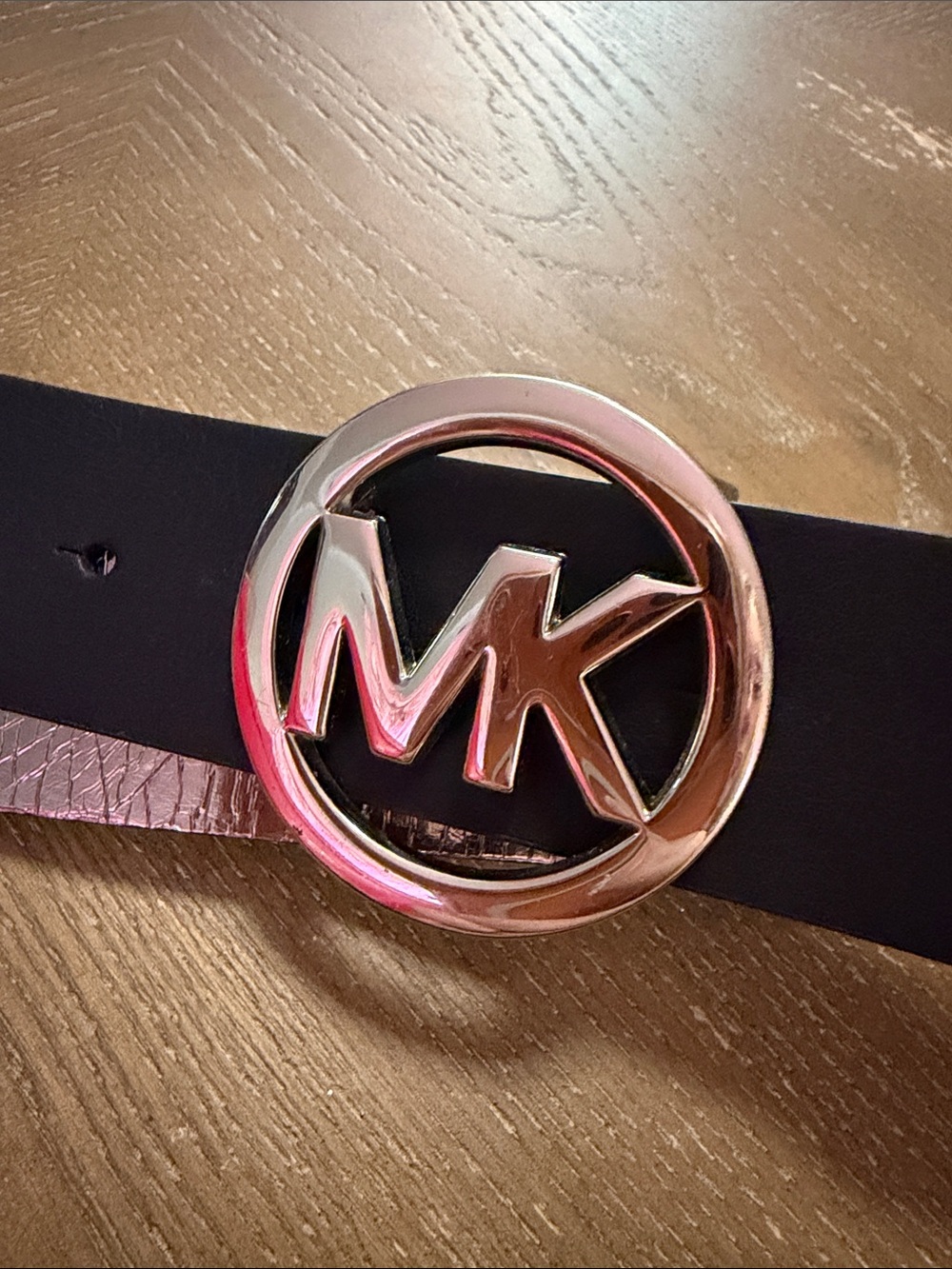 Michael Kors Black Leather Belt with Rose-Gold MK Circle Buckle Small